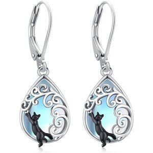 925 Sterling Silver Cat Tree of Life Earrings with Moonstone for Women Jewelry